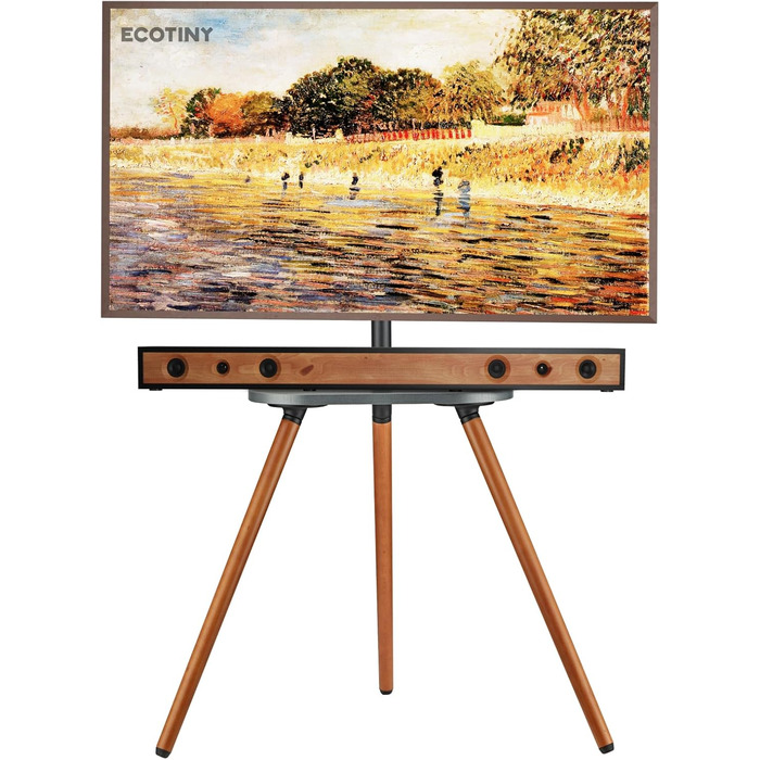 Підлогова підставка для телевізора ECOTINY TV 40-65 дюймів, дерев'яна, регульована по висоті та нахилу, до 35 кг, чорний горіх, з поличкою, VESA 400x400 мм