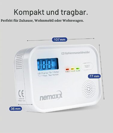 Детектор чадного газу NEMAXX® CM18 з LCD-дисплеєм, електрохімічний сенсор, 85 дБ, стандарт EN 50291-1:2018, термін служби 10 років (набір 2 шт.)