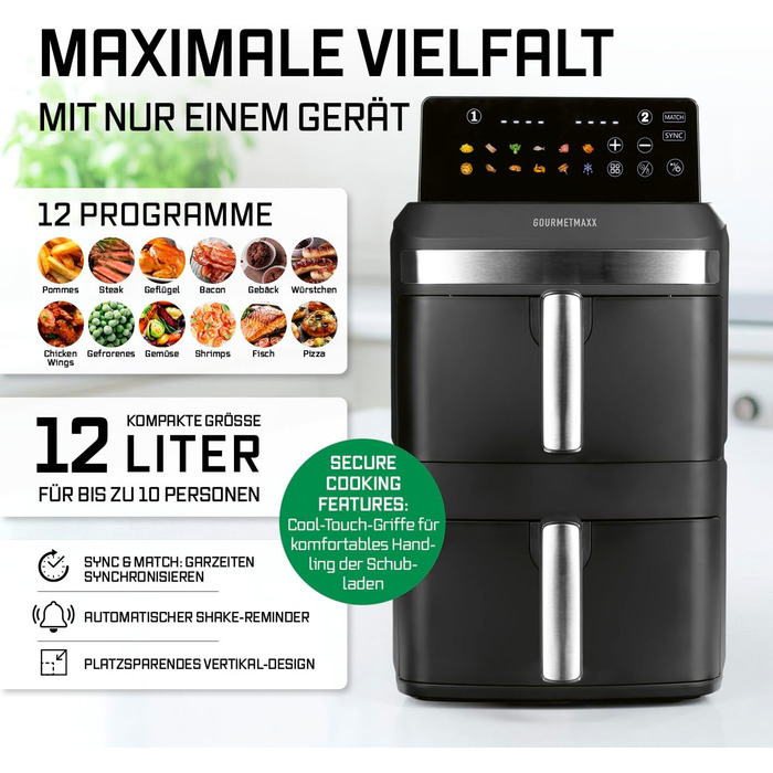 Фритюрниця повітряна GOURMETmaxx з двома камерами | 12 літрів | Airfryer з сенсорним дисплеєм