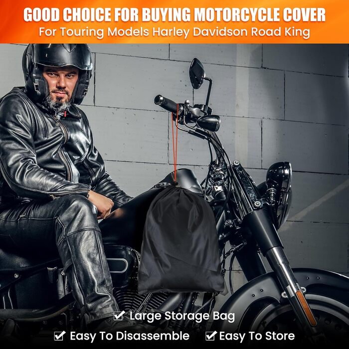 Мото-чохол 2XL для Harley Davidson Road King, водонепроникний, захист від дощу, пилу та UV, міцний 420D, для турингових моделей, чорний (245x110x140 см)