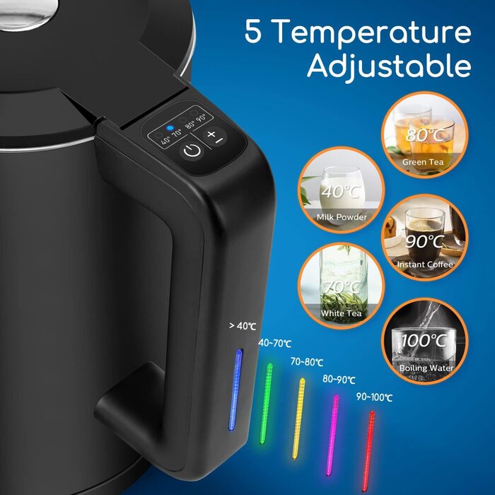Розумний електрочайник Aigostar з Wi-Fi, регулювання температури 40-100°C, 1,7 л, подвійна стінка, нержавіюча сталь, сумісний з Alexa, функція підтримки тепла, чорний, безшумний, бездротовий