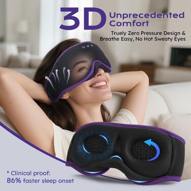 Маска для сну 3D Bluetooth з навушниками LC-Dolida для жінок та чоловіків, повна світлоблокада, комфорт на всю ніч. М'які навушники для сну під час подорожей, в ліжко (фіолетова)