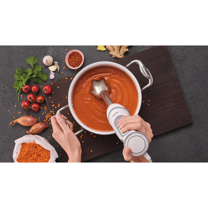 Блендер Braun MultiQuick 5 Vario MQ 5220WH, 1000 Вт, з нержавіючою насадкою, біло-сірий, комплект 2 аксесуари