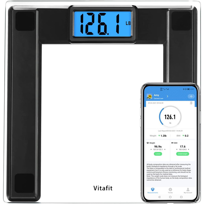 Смарт-вага Vitafit 250 кг з Bluetooth, вимірюванням ваги та ІМТ, синхронізацією з додатком, чорна, 8 мм загартоване скло, широка платформа
