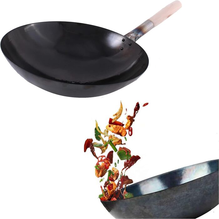 Wok-пательня AAF Nommel 36 см, кругле дно, вуглецева сталь, натуральне антипригарне покриття, попередньо прожарена