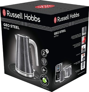 Тостер Russell Hobbs Geo Edelstahl Grau на 2 тости, нержавіюча сталь, сірий. Широкі слоти, підставка для булочок, 6 режимів, розморожування, підігрів, швидкий нагрів 1640 Вт