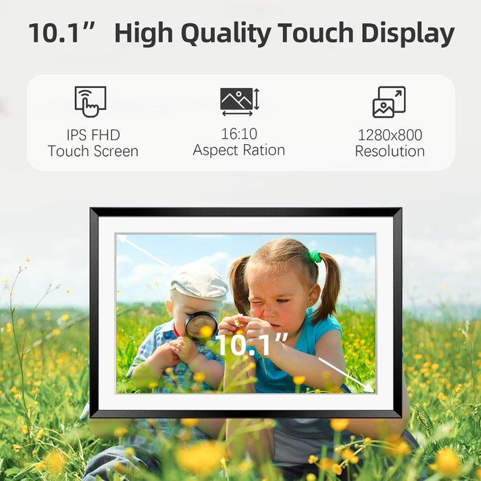 Frameo Цифровий фоторамка 10.1 дюймів з Wi-Fi, горіхове дерево, 32GB, IPS сенсорний екран 1280*800 HD, відтворення фото/відео через додаток Frameo, подарунок для чоловіків та жінок