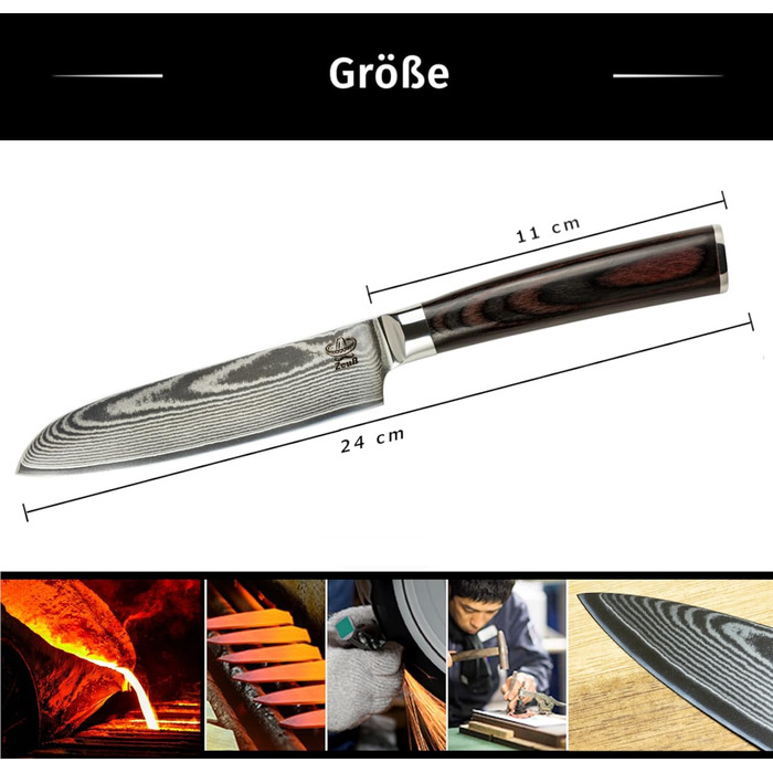 Ніж Santoku ZEUß Damast (24 см) - професійний кухонний ніж з дамаської сталі 67 шарів, з точильним каменем, дерев'яною ручкою та захистом леза, подарункова коробка