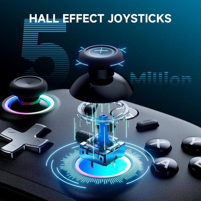 Ігровий бездротовий контролер ECHTPower для PC, Switch, Steam Deck, Android, iOS — RGB підсвітка, Hall-джойстики, Turbo, вібрація, акумулятор 800mAh (Чорний)