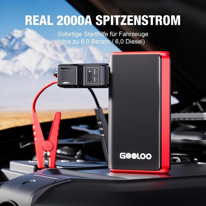 Пусковий пристрій (бустер) GOOLOO GE2000 2000A з функцією Powerbank та швидкою зарядкою USB, чорний