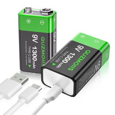 Акумулятор 9V Li-ion 1300mAh з USB-C зарядкою, перезаряджувана батарея типу «Крона» для мультиметрів та датчиків диму (2 шт)