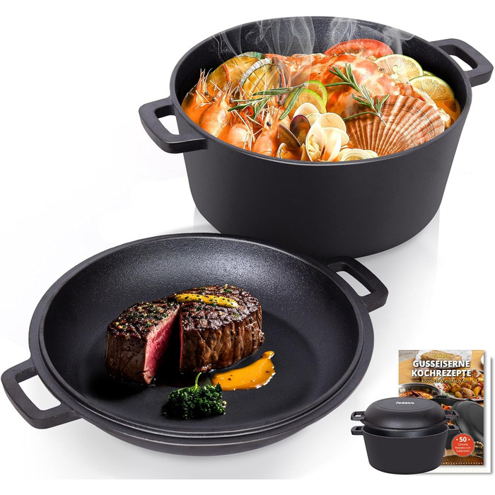 Чавунна каструля Todeco 26 см з кришкою, 5 л, для духовки, 2-в-1, з рецептурником, форма для випікання хліба