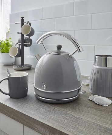 Електрочайник Swan Retro 1,8 л, 3000 Вт, вінтажний дизайн, Strix, бездротовий, BPA-free нержавійка, сірий