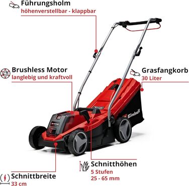 Акумуляторний газонокосарка Einhell GE-CM 18/33 Li Kit Power X-Change (18 В, 33 см, безщітковий двигун, 30 л, 25-65 мм)