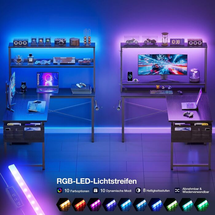 Ігровий кутовий стіл ODK Gaming з LED-підсвіткою, полицею-дисплеєм та розеткою, 110×80 см, чорний — ергономічний комп'ютерний стіл з органайзером