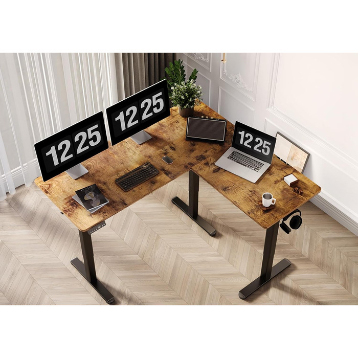 Кутовий письмовий стіл Claiks 160x140 см, електричний, регульований по висоті, L-подібний, з двома моторами, на колесах, вінтажний коричневий