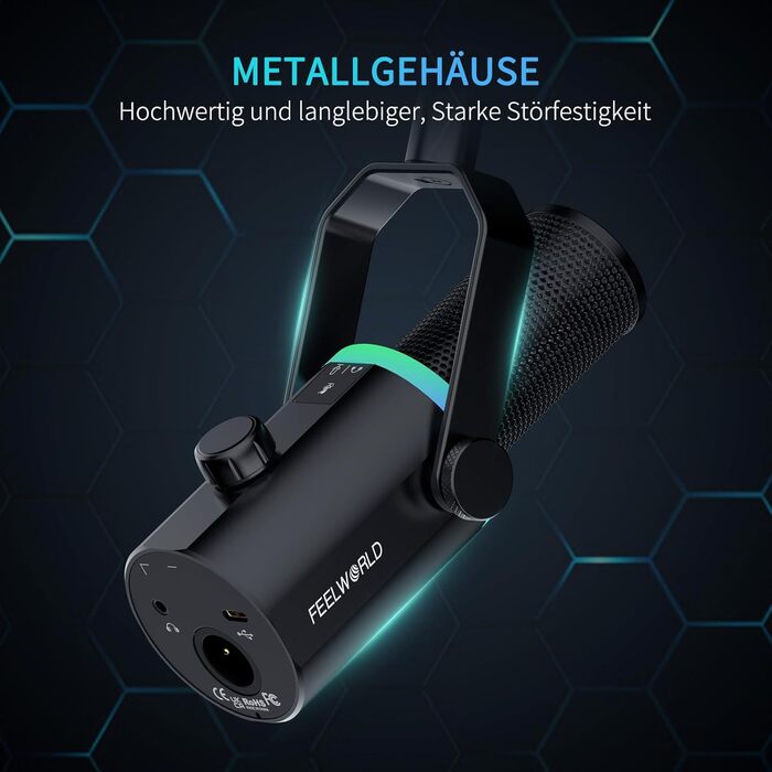 FEELWORLD PM1: Динамічний мікрофон XLR/USB з RGB-підсвіткою для подкастів, YouTube, геймінгу та студії. З навушником, підставкою та кабелем.