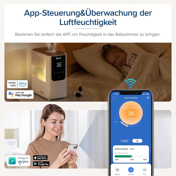 Levoit Зволожувач повітря Smart для великих приміщень 4.5 л, теплий/холодний пар, 550 мл/год, нічник, автовимкнення, білий