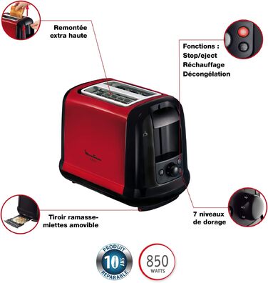 Тостер Moulinex LT261D Subito, 850 Вт, 2 слоти, червоно-чорний, з підставкою для булочок, регульовані ступені підсмажування, розморожування та підігрів
