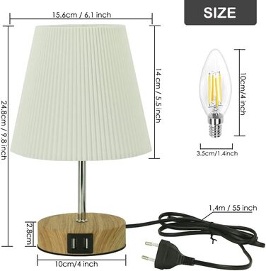 Настільна лампа HSLighting з димером, сенсорна, USB A+C зарядка, розетки, 2 LED-лампи, лляний абажур, для спальні, вітальні, офісу