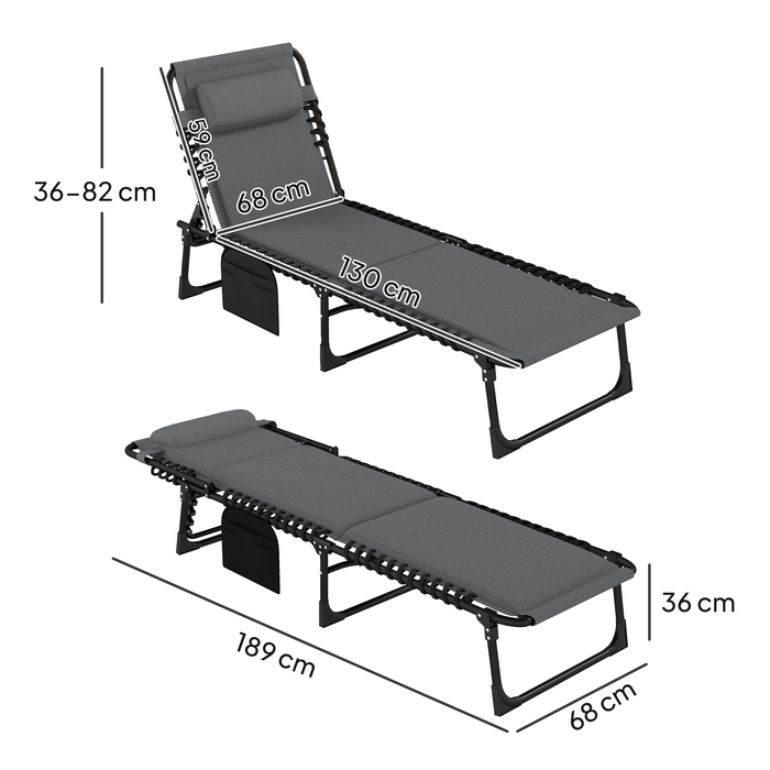 Складний садовий шезлонг Outsunny Sun Lounger з бічною сумкою-подушкою, м'який шезлонг з регульованою спинкою в 5 напрямках, стійкий до погодних умов шезлонг з навантаженням до 120 кг, для садового пляжу темно-сірий