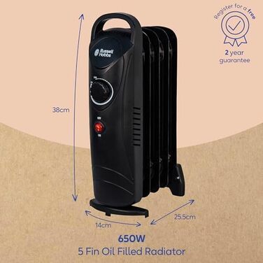 Масляний електрообігрівач Russell Hobbs RHOFR3001, 650 Вт, портативний, 5 секцій, з термостатом та захистом від перегріву, чорний, для приміщень до 10 м²