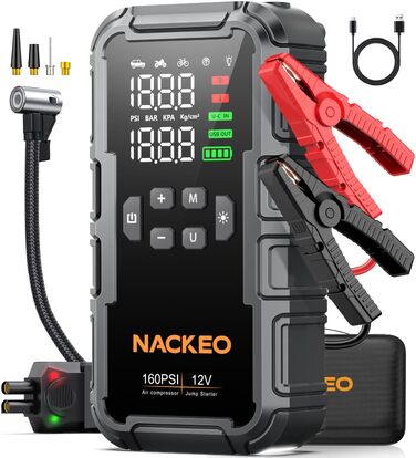 Пусковий пристрій (бустер) 8000A для авто з компресором 160 PSI, Powerbank 12V для бензинових та дизельних двигунів до 12л, з LED-ліхтарем 600LM та LCD-дисплеєм