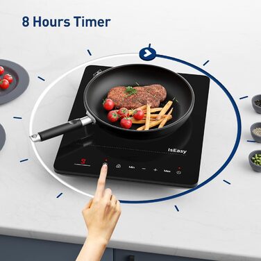 Індукційна плита IsEasy на 1 конфорку, 2100 Вт, 28 см, чорна, портативна, з таймером на 8 годин, 9 режимів нагріву, захистом від дітей