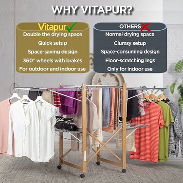 Сушарка для білизни Vitapur House Care на колесах, розсувна, складна, у стилі дерева, для довгої білизни, для дому та вулиці