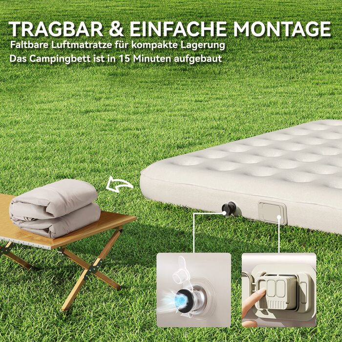 Похідне ліжко Outsunny Camping Bed з насосом для надувного матраца 200 x 153 см Гостьове ліжко з навантаженням до 200 кг Надзвичайно широкий кемпінговий шезлонг для 2 дорослих для кемпінгу Outdoor Garden Travel Чорний+Хакі