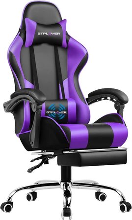 GTPLAYER ігрове крісло з масажем, ергономічне комп’ютерне крісло для геймерів з підніжкою, підголівником, масажною поперековою подушкою, оббивка з екошкіри, фіолетове