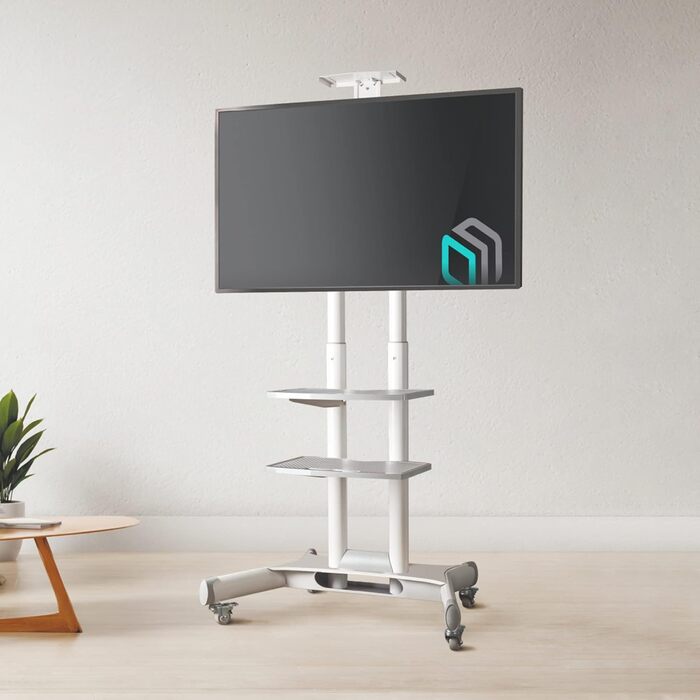 Мобільна TV стійка ONKRON TS1552-W для телевізорів 40-70 дюймів, до 45,5 кг, біла, регульована висота, 2 полиці, на колесах, VESA 600x400