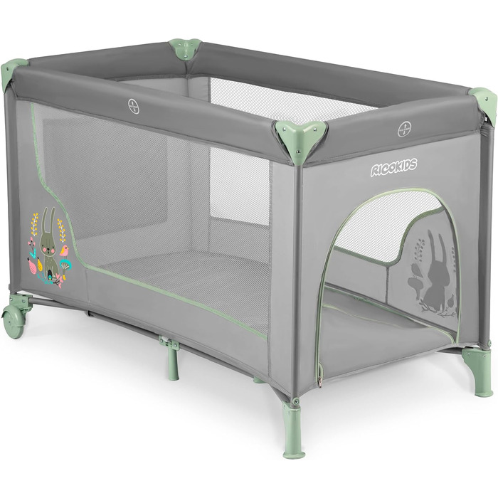 Дитяче ліжечко-манеж Ricokids, складне, з матрацом, 125x65x78 см, 15 кг, дві колеса з гальмами, знімний бічний вхід, сумка, світло-сірий та м'ятний колір