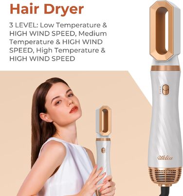 UKLISS Hairstyler 6 в 1: Професійний фен-щітка з насадками для укладки волосся 1000 Вт, повітряна щітка, мультистайлер, білий (золотий)