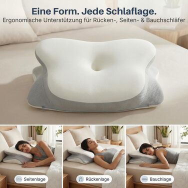 Ортопедична подушка для сну з ефектом пам'яті для шиї та спини - Ergonomisches Kissen - Сіра/Біла, з 2 наволочками, регульована висота, сертифікована, при болях у шиї