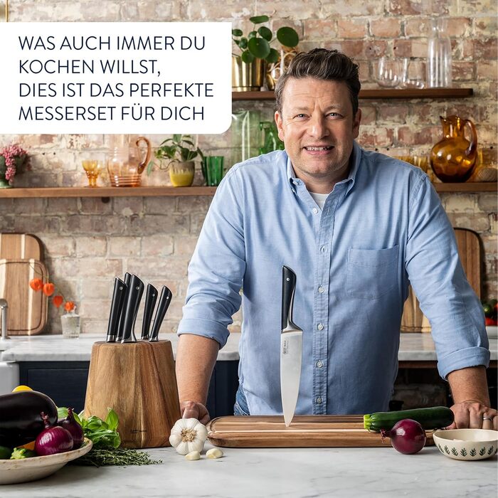Набір кухонних ножів Jamie Oliver від Tefal з підставкою, 6 предметів: кухонний, сантоку, для хліба, універсальний та ніж для чищення, сталь з криозагартуванням, блок з акації, коричневий, K267S556