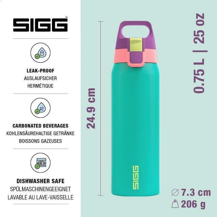 Спортивна пляшка для води Sigg Shield ONE з нержавіючої сталі для газованих напоїв, герметична, BPA-free, 0.75 л (Reef, Multicolor)