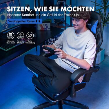 Ігровий крісло GTPLAYER з підніжкою, регульованою висотою, з підтримкою попереку та знімним чохлом (блакитний)