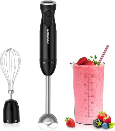 Блендер Bonsenkitchen 3-в-1, 1000 Вт, електричний ручний міксер з насадкою-вінчиком і мірним стаканом, регулювання швидкості, для смузі, пюре, соусів, HB3202, чорний