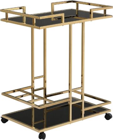 Барний візок FineBuy Gold металевий з скляними полицями на колесах 67,5x83,5x43 см, сучасний сервірувальний візок для кухні, вітальні, домашнього бару, багатофункціональний