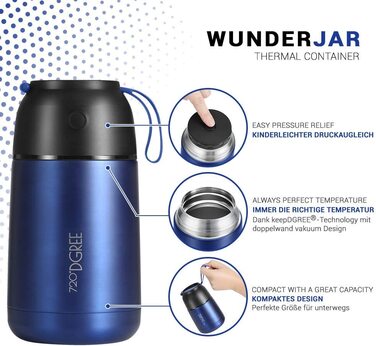 Термос для їжі 720°DGREE wunderJar 650 мл, сапфіровий, із нержавіючої сталі, герметичний, BPA-free, для гарячих і холодних страв, супу, каші, дитячого харчування