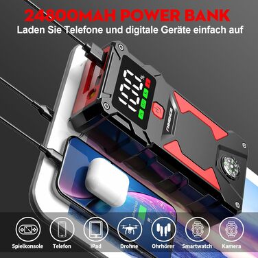 Пусковий пристрій (бустер) FNNEMGE 9000A 26800mAh для авто 12V (бензин та дизель до 10.0л), Powerbank з USB Quick Charge 3.0 та LED-ліхтарем