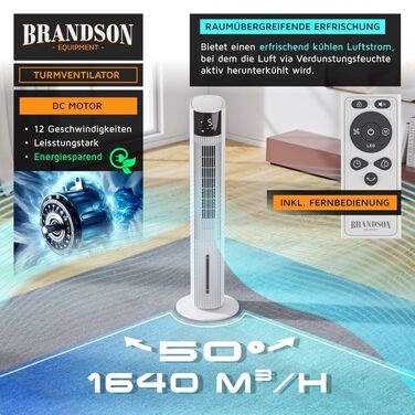Вентилятор вежний з Wi-Fi та охолодженням води Brandson ECO GREEN – тихий, з керуванням Alexa, смарт-вентилятор для дому, мобільний кондиціонер