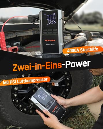WOLFBOX 4000A: Пускозарядний пристрій з компресором 160PSI, 12V, 65W, 88.8Wh, для бензинових/дизельних двигунів 10L, LED-ліхтар, кабелі для пуску
