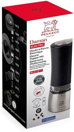 Електричний млинок для перцю PEUGEOT Daman 16 см, 6 режимів помолу, алюміній, чорний, французький дизайн + перець