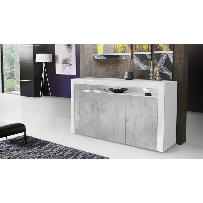 Комод Vladon Valencia 155x92x40 см, 3 двері, 1 відкрита полиця, білий матовий/бетон оксид/білий глянець, вироблено в Німеччині