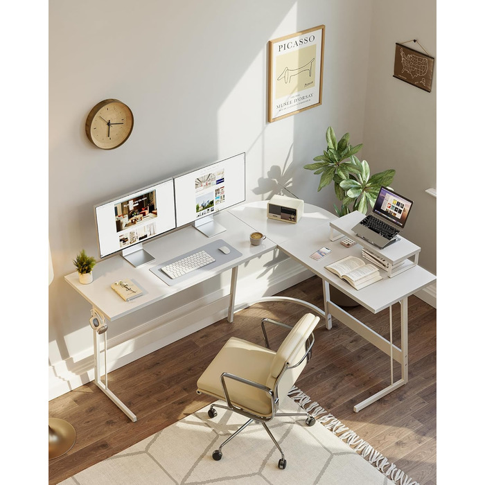 Ігровий кутовий стіл CubiCubi 170x120 см, білий, з моніторною підставкою, простий монтаж, просторий комп'ютерний стіл L-подібний для геймерів