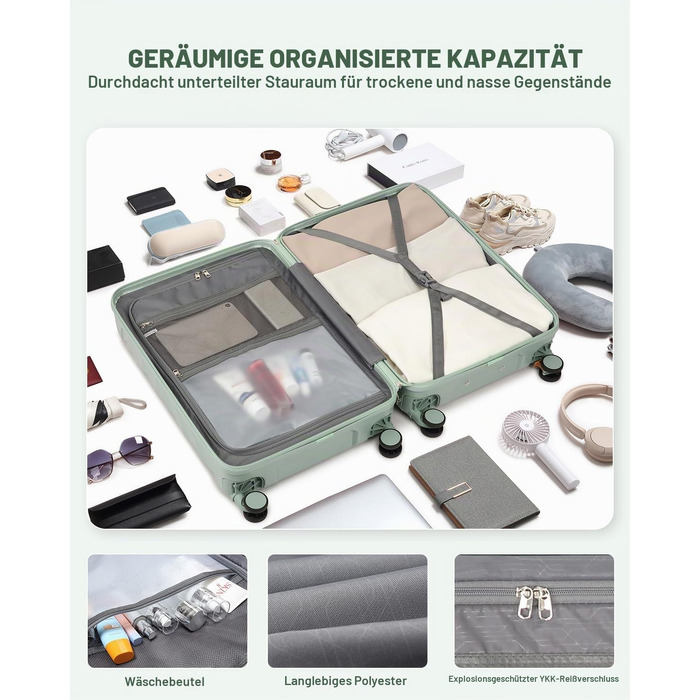 Набір валіз для подорожей Sea Choice, 5 предметів, ABS пластик, тверда оболонка, з TSA-замком та 4 колесами, колір Matcha Green (включає ручну поклажу, дорожню сумку та косметичку)
