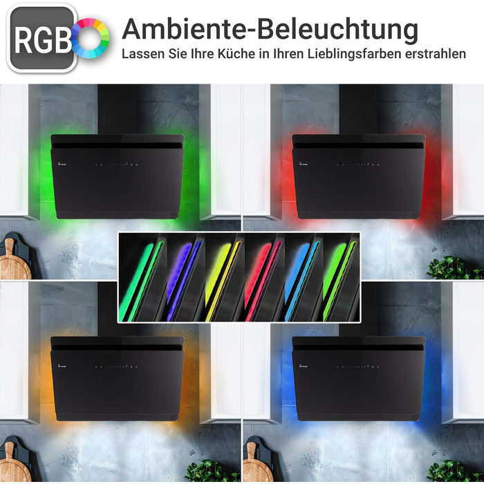 Витяжка для кухні KKT KOLBE HERMES 8005 SM, 80 см, чорне скло та нержавіюча сталь, продуктивність 782 м³/год, клас A+++, WLAN, RGBW-LED підсвічування, сенсорне керування