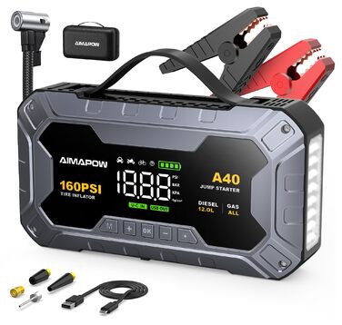 Powerbank для автомобіля AIMAPOW Starthilfe 8000A з компресором та LED-ліхтарем, 27000mAh, 160PSI, для бензинових та дизельних двигунів (до 12.0L)